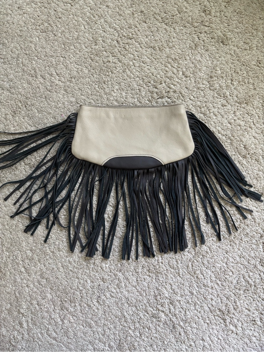 Cream Leather Fringe Clutch with Black Trim